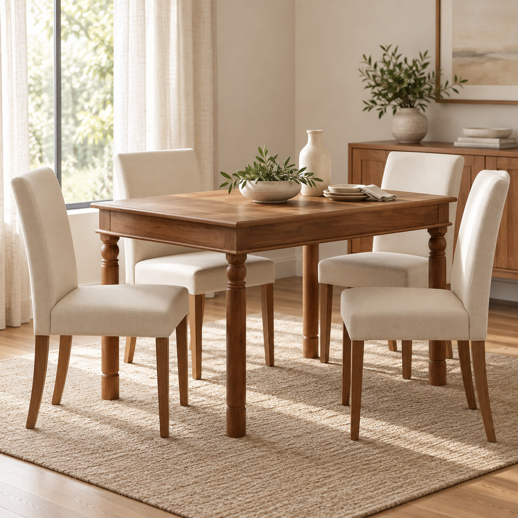 Table en acacia massif 120 cm à pieds tournés dans une salle à manger