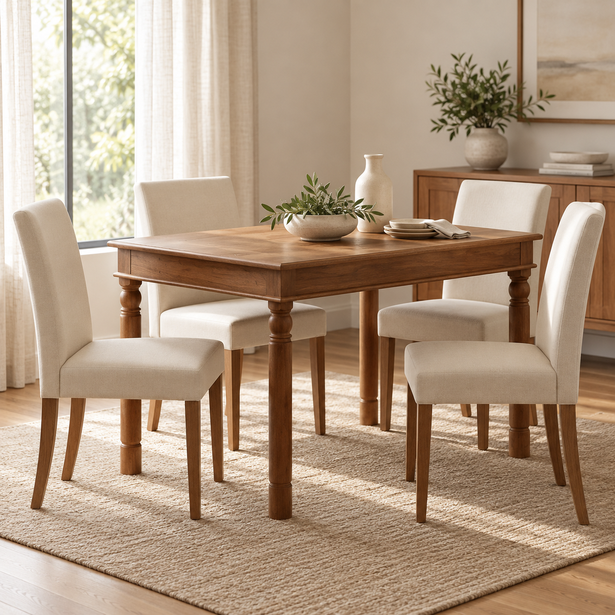 Table en acacia massif 120 cm à pieds tournés dans une salle à manger