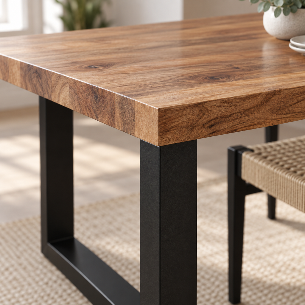 Détail du plateau en acacia et du piètement noir en U