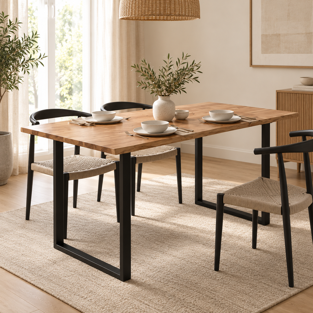Table à manger en acacia massif 140 cm dans une salle à manger contemporaine
