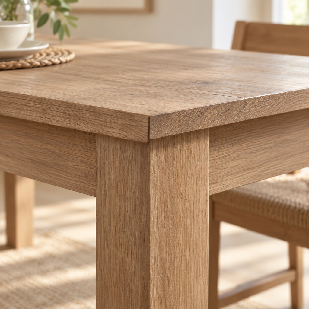 Détail du plateau et du pied en bois massif de la table 120 cm