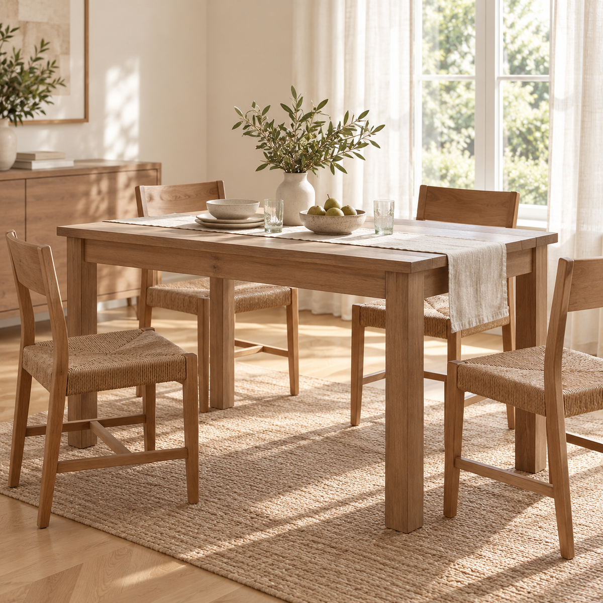 Table à manger en acajou massif 120 cm dans une salle à manger lumineuse