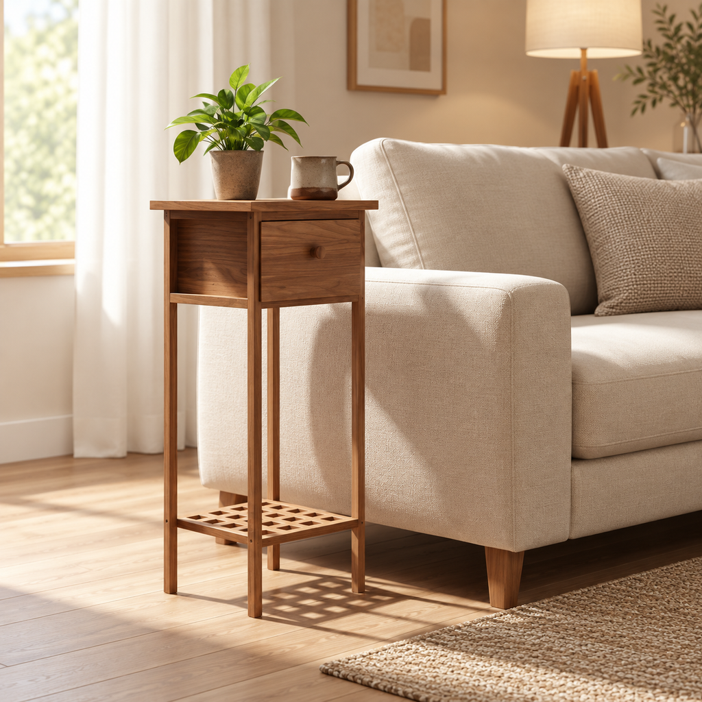 Table d’appoint en noyer avec tiroir près d’un canapé contemporain