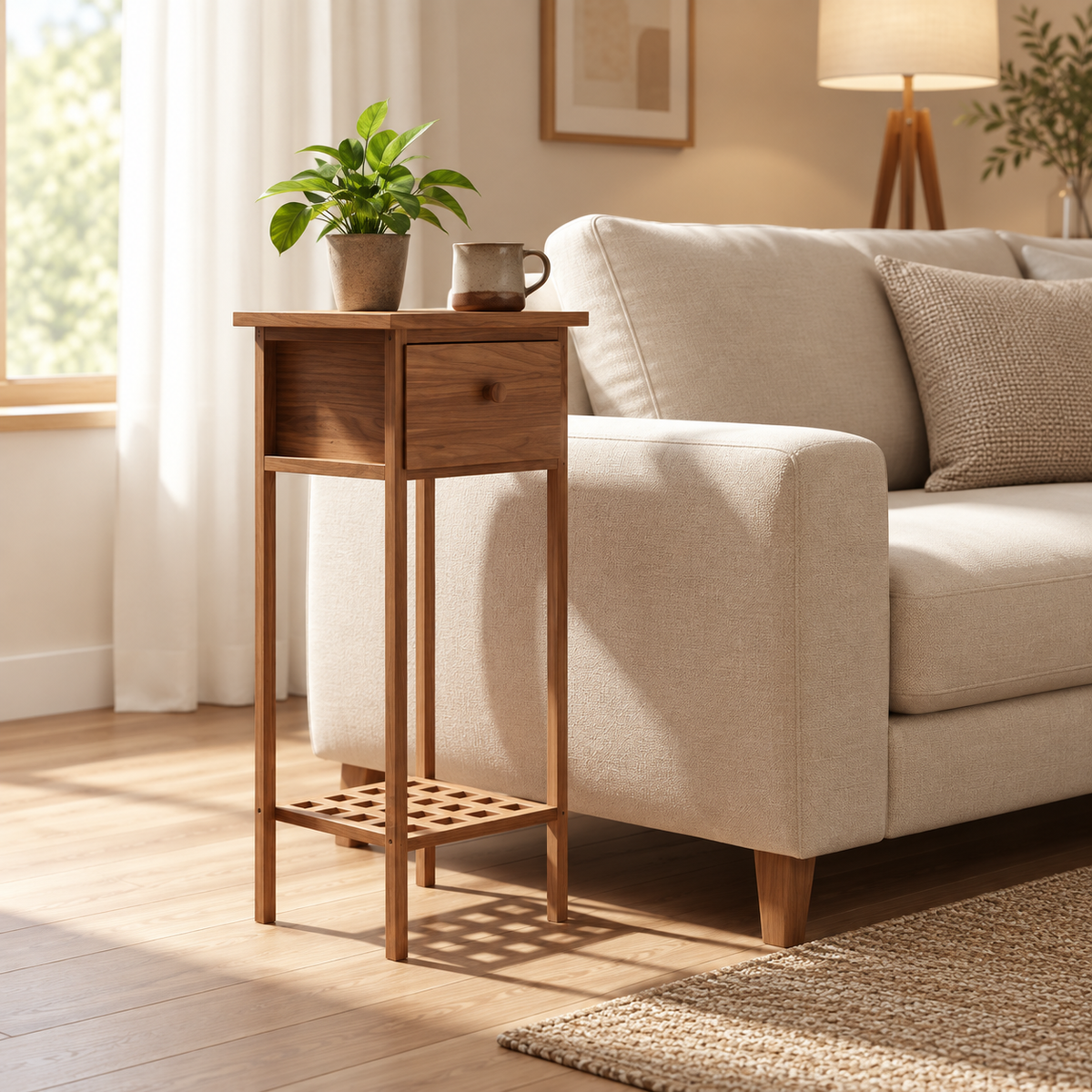 Table d’appoint en noyer avec tiroir près d’un canapé contemporain