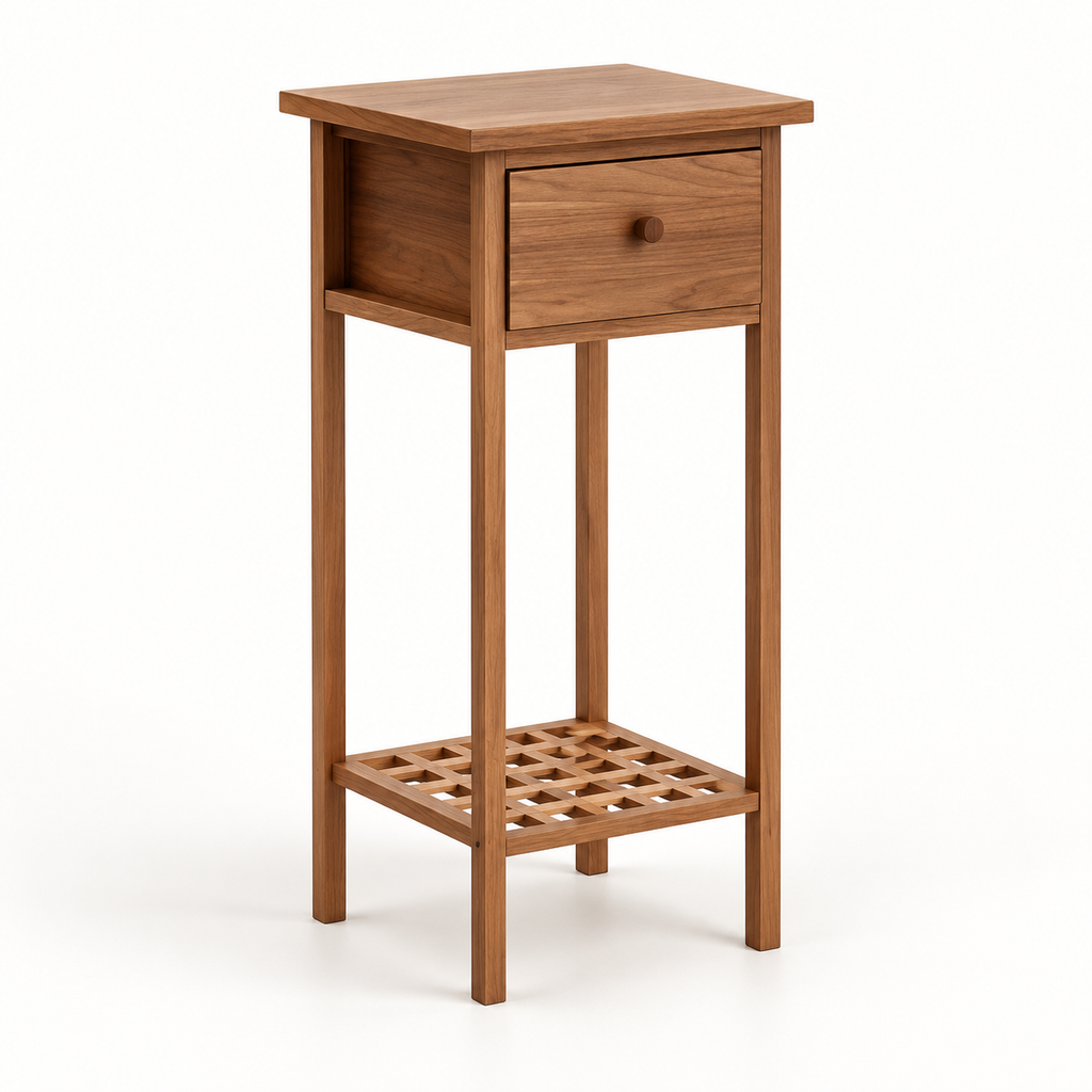 Table d’appoint en noyer avec tiroir et étagère vue trois-quarts