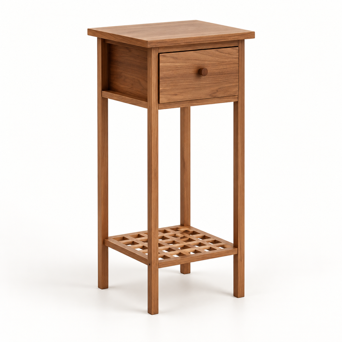Table d’appoint en noyer avec tiroir et étagère vue trois-quarts