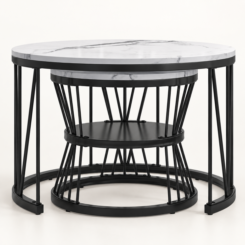Table basse ronde 2-en-1 effet marbre blanc et pieds noirs vue trois-quarts