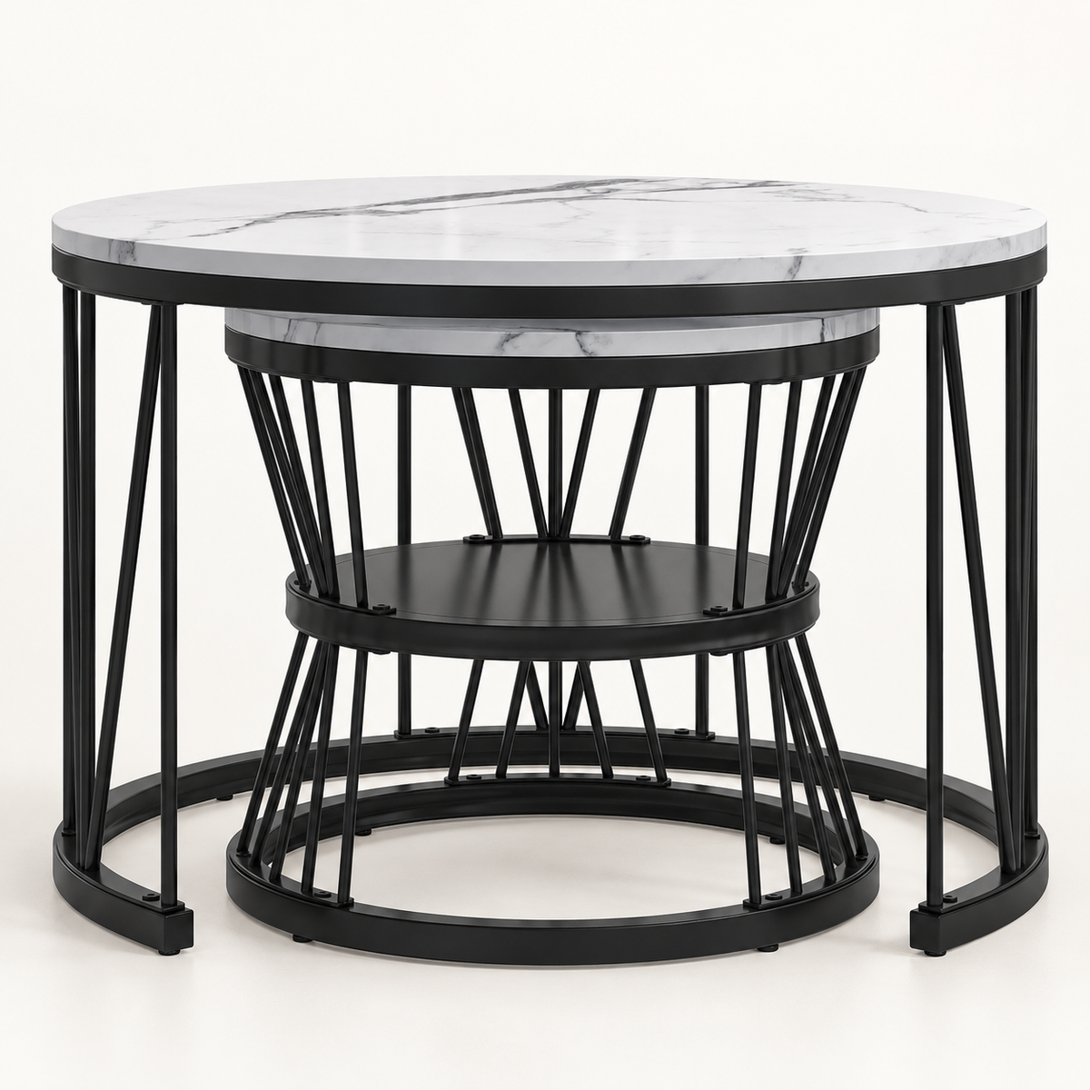 Table basse ronde 2-en-1 effet marbre blanc et pieds noirs vue trois-quarts
