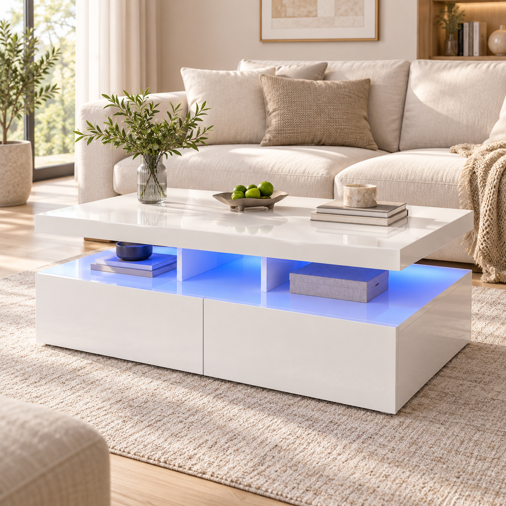 Table basse blanc brillant à LED dans un salon contemporain