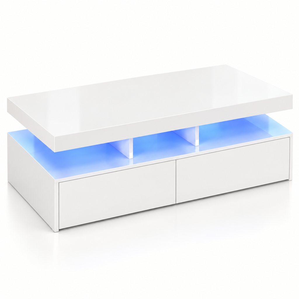 Table basse blanc brillant à LED 104 cm vue trois-quarts