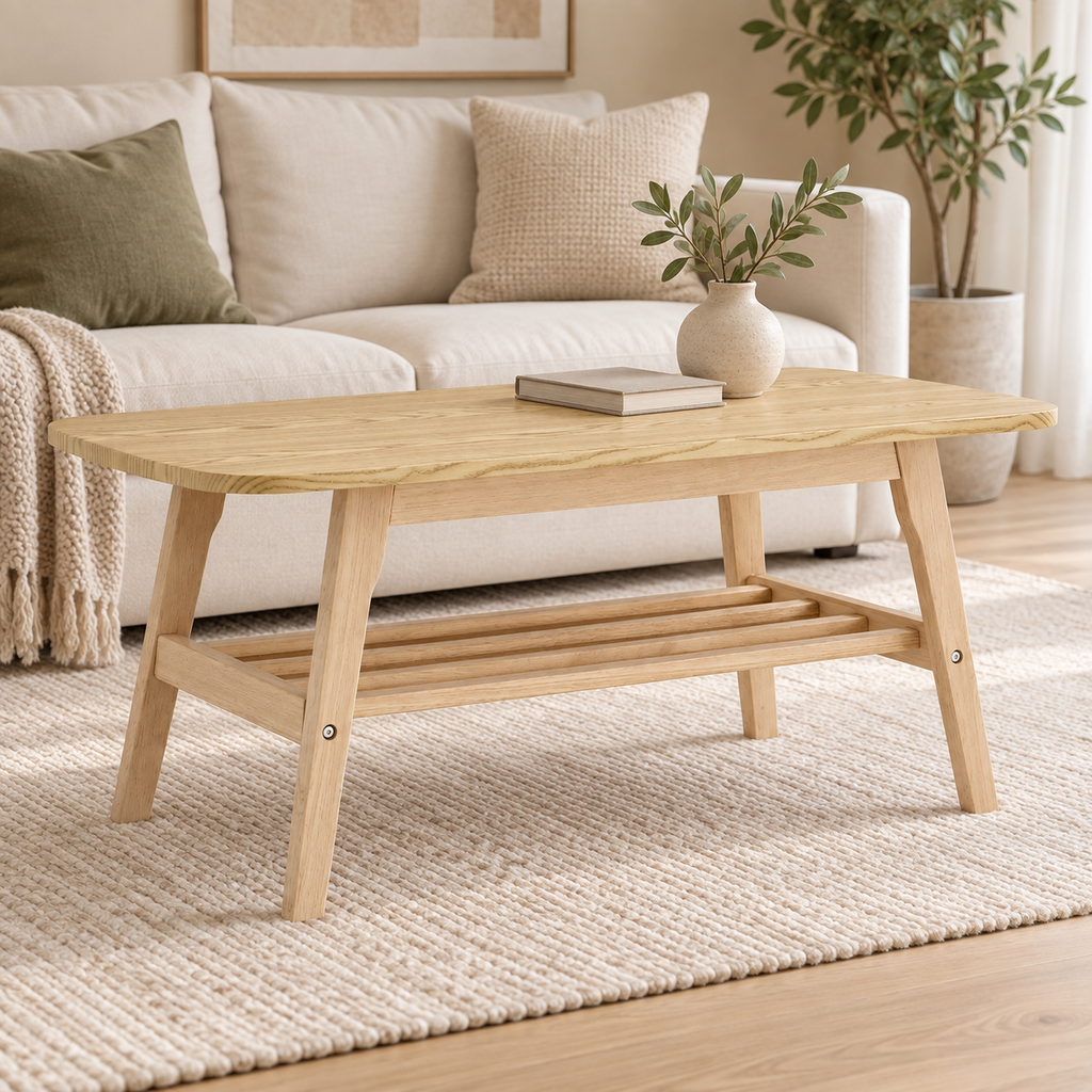 Table basse en bois clair avec étagère à lattes dans un salon contemporain