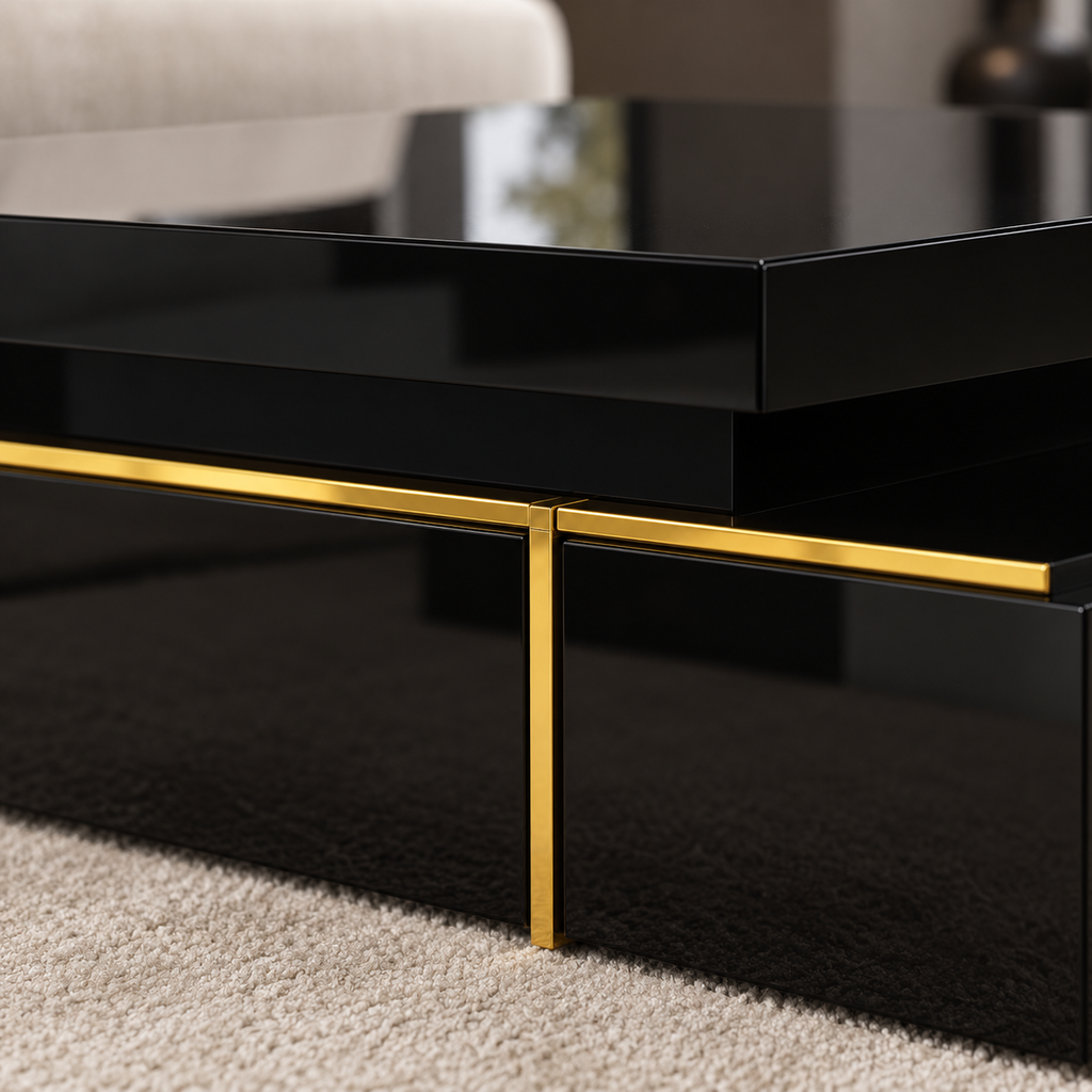 Détail des tiroirs noirs brillants et accents dorés de la table basse