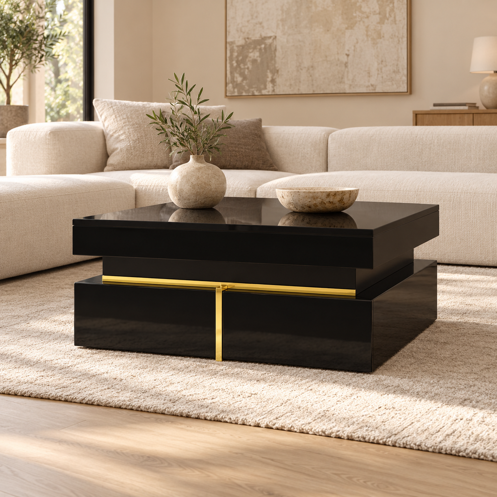 Table basse carrée noir brillant et doré dans un salon contemporain