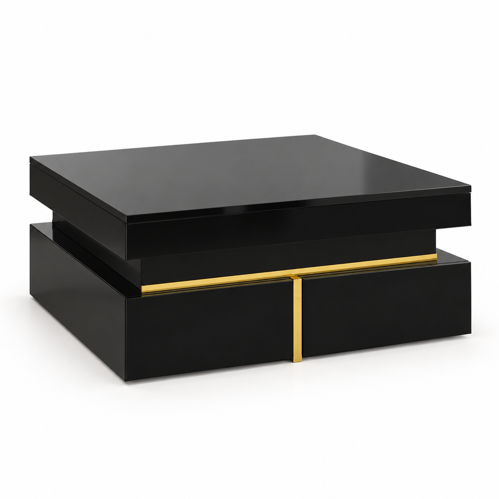 Table basse carrée noir brillant et doré 70 cm vue trois-quarts