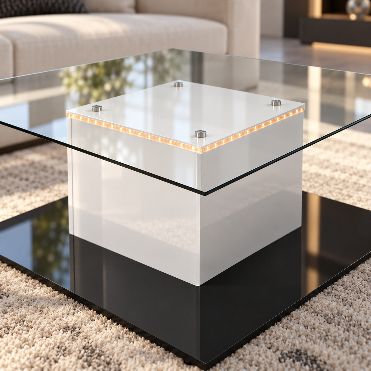 Détail du plateau en verre et de l’éclairage de la table basse carrée