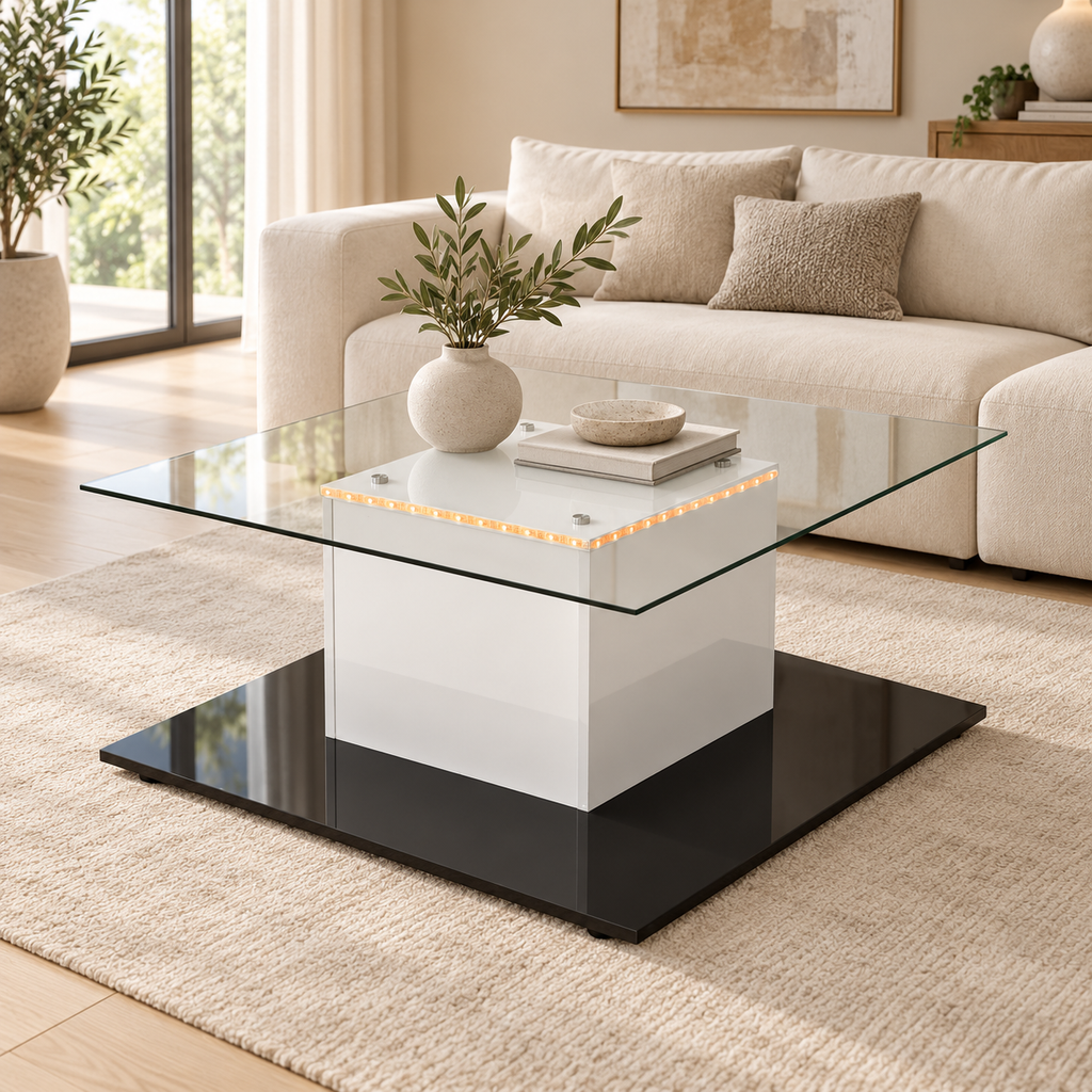 Table basse carrée verre et piètement blanc noir dans un salon contemporain