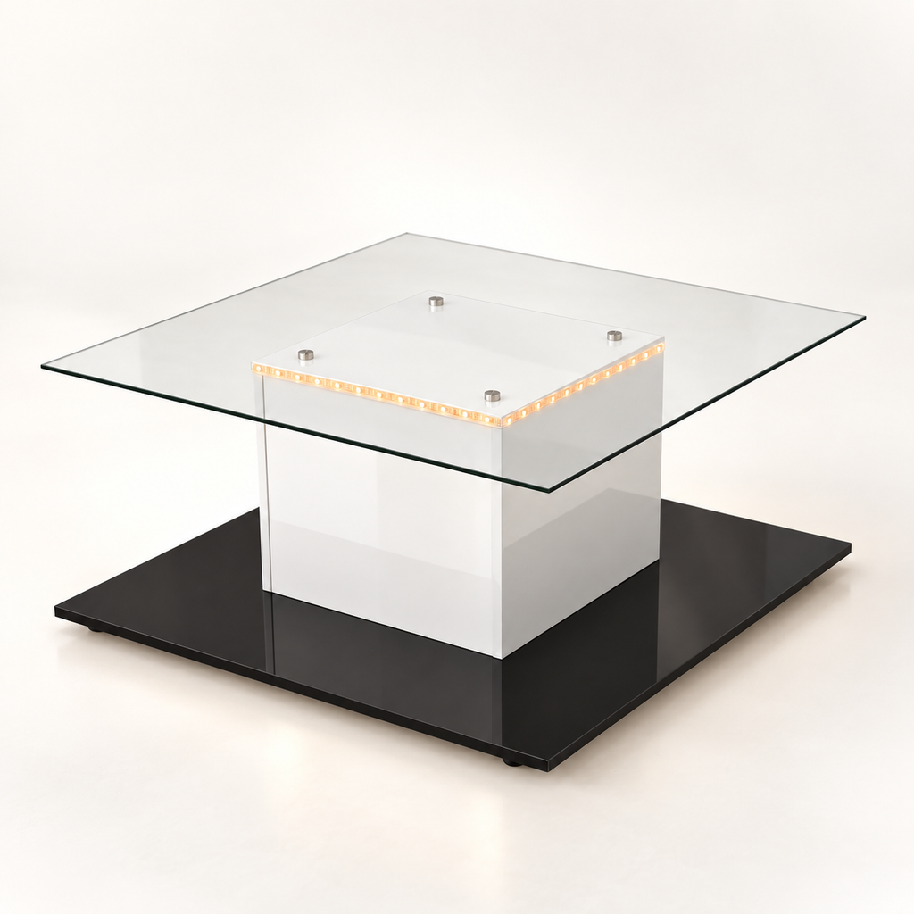 Table basse carrée en verre blanc et noir 80 cm vue trois-quarts