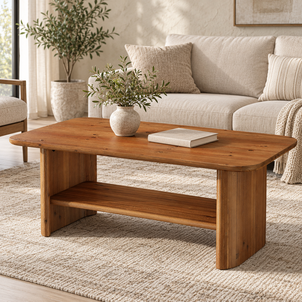 Table basse effet chêne miel 120 cm dans un salon contemporain