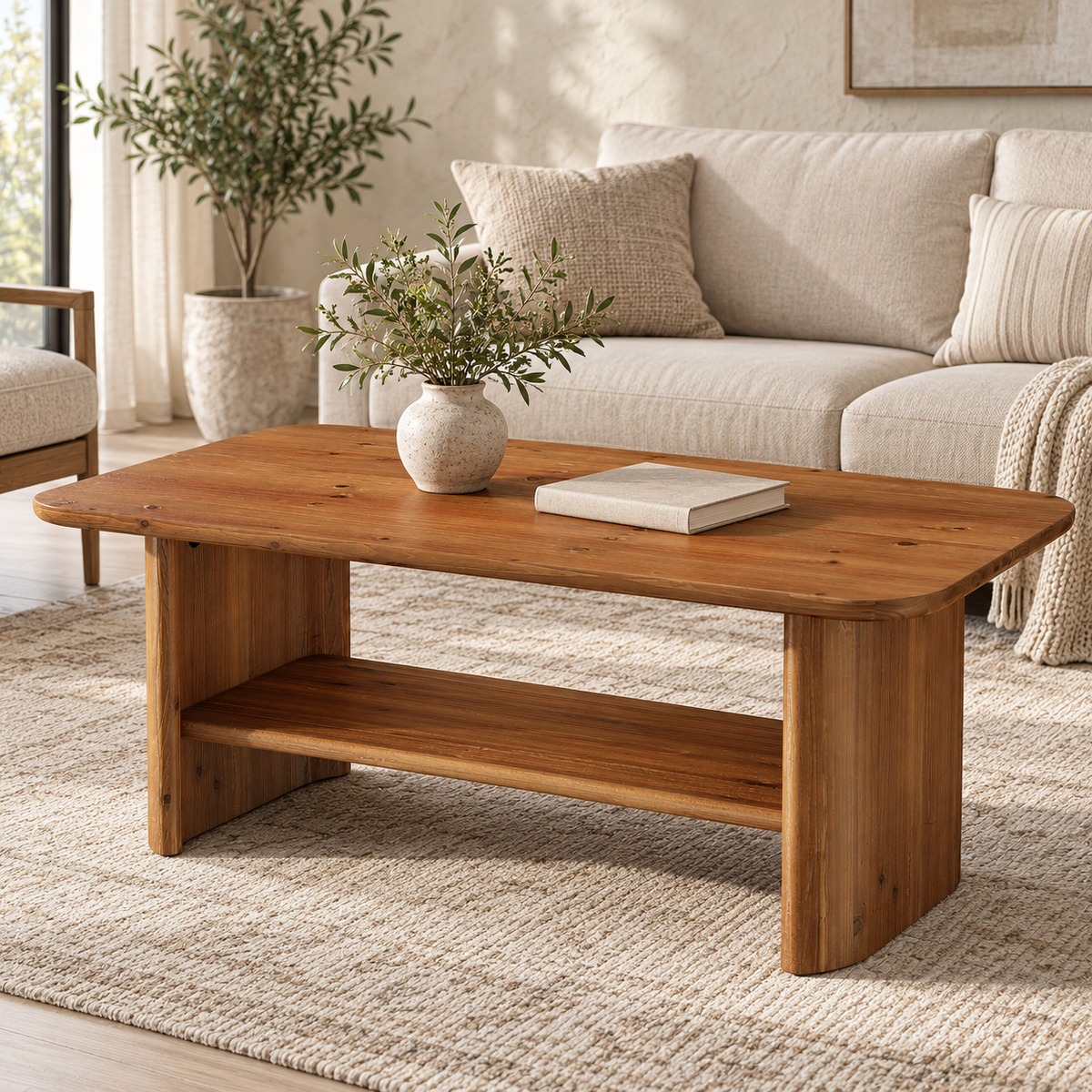 Table basse effet chêne miel 120 cm dans un salon contemporain