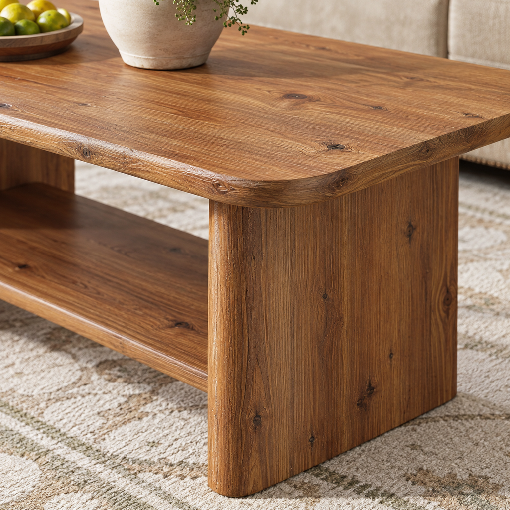 Table basse effet chêne miel détail du plateau et du piètement plein