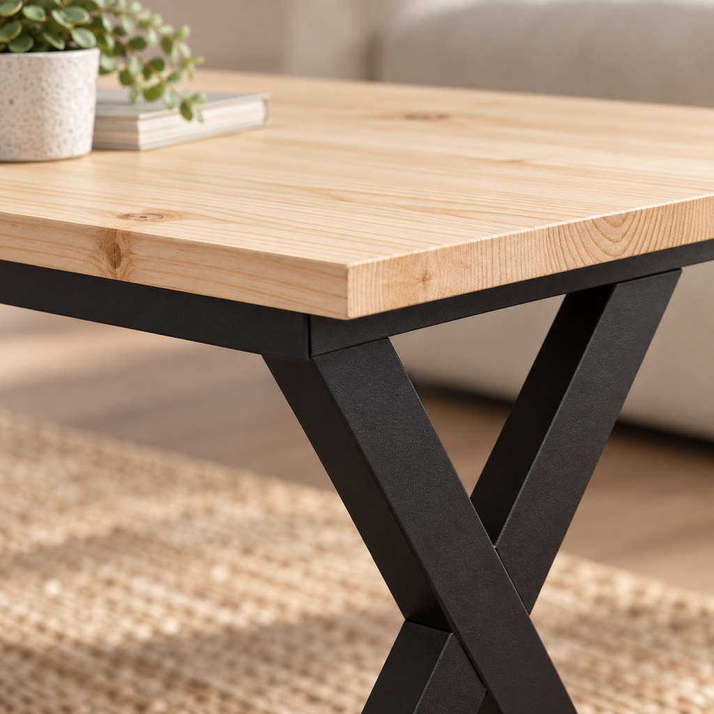 Table basse Croisel 90 cm — pin massif et piètement métal noir en X – détail du plateau en pin et du piètement en X