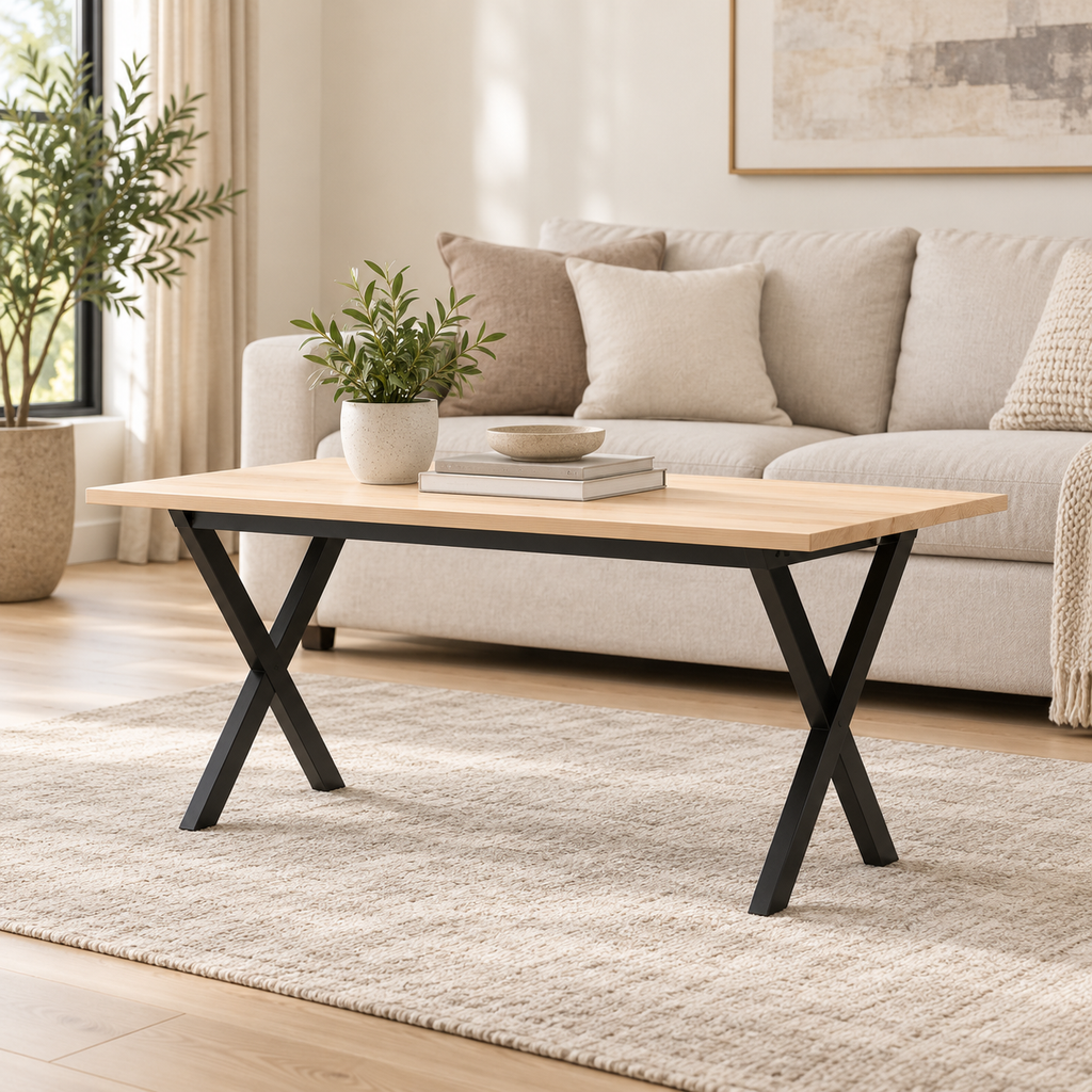 Table basse Croisel 90 cm — pin massif et piètement métal noir en X dans un salon contemporain lumineux