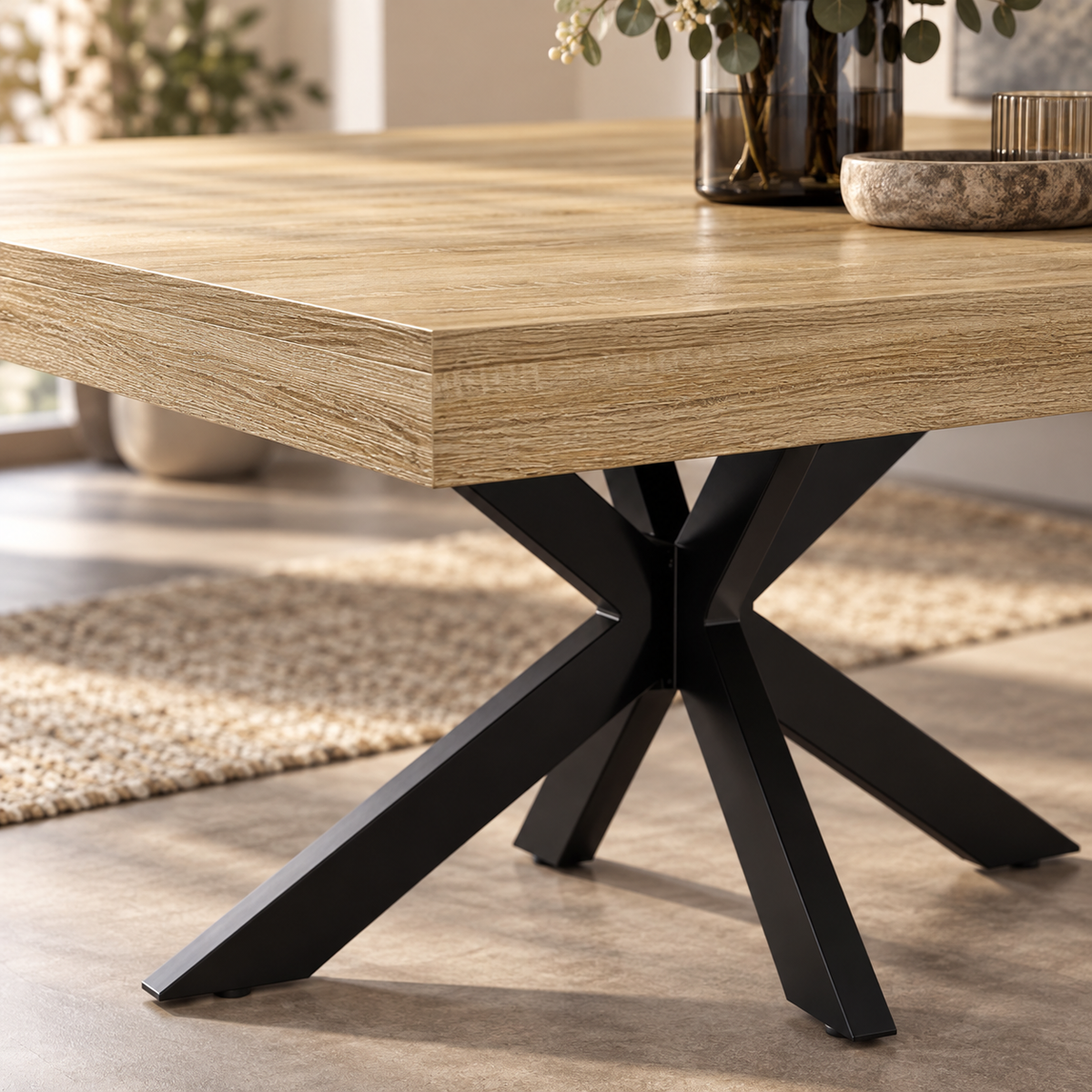 Table basse Forgeat 110 cm détail du plateau et du piètement métal en étoile