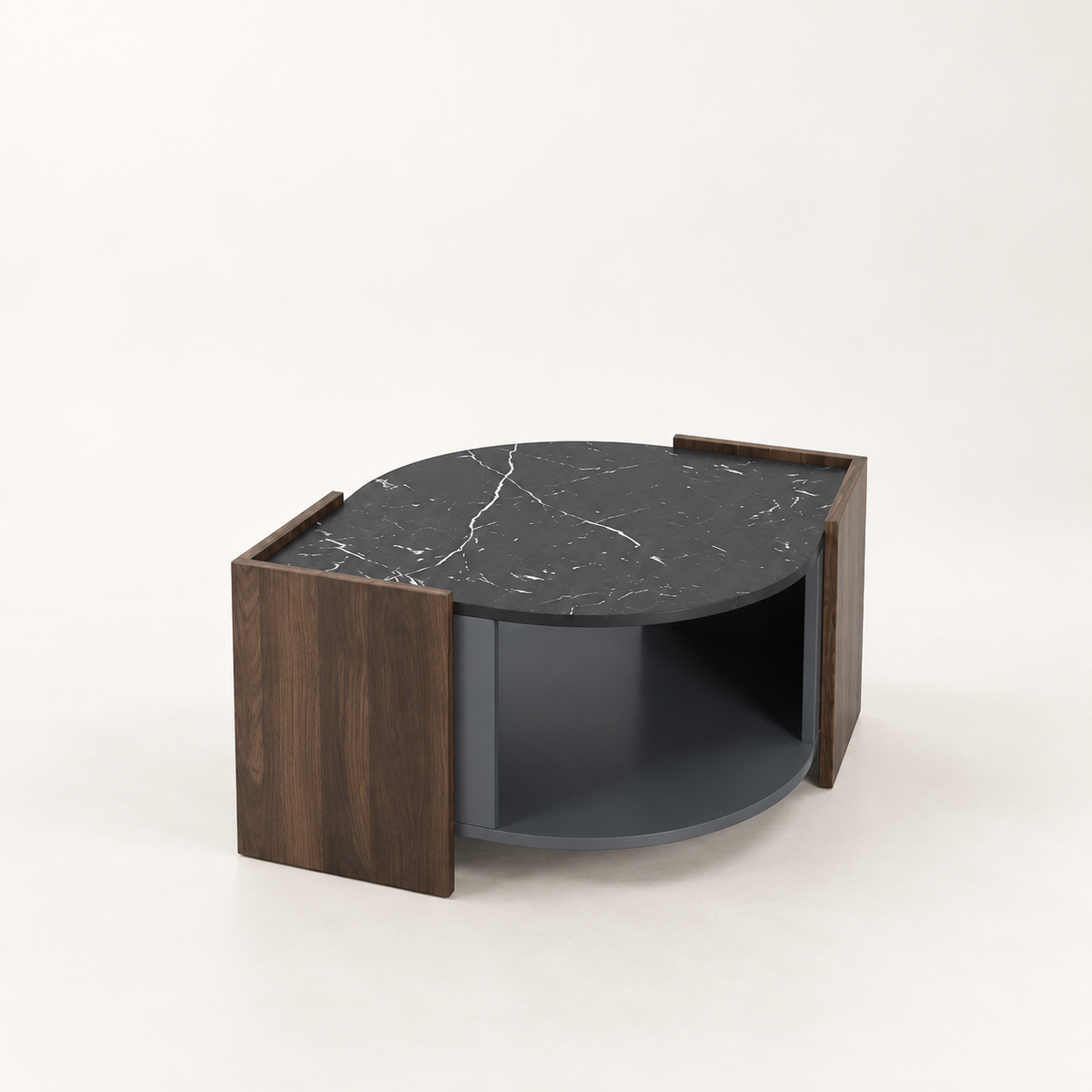 Table basse effet marbre noir et noyer vue trois-quarts