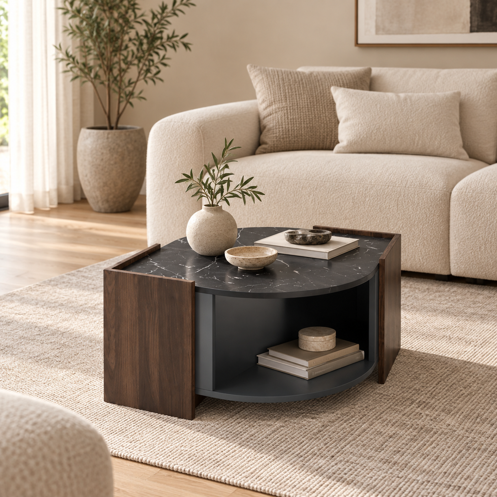 Table basse effet marbre noir et noyer dans un salon contemporain