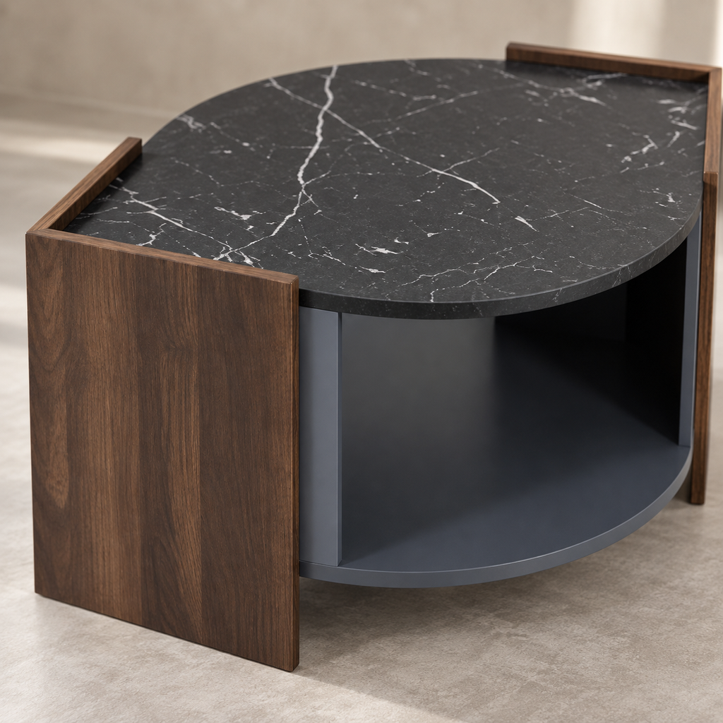 Table basse effet marbre noir et noyer détail du plateau et du rangement