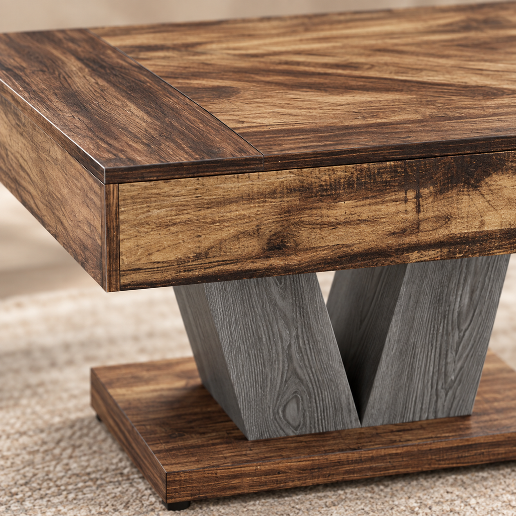 Table basse carrée Massif Look 80 cm — plateau effet bois brun rustique et piètement en V gris béton – détail du plateau et du piètement en V