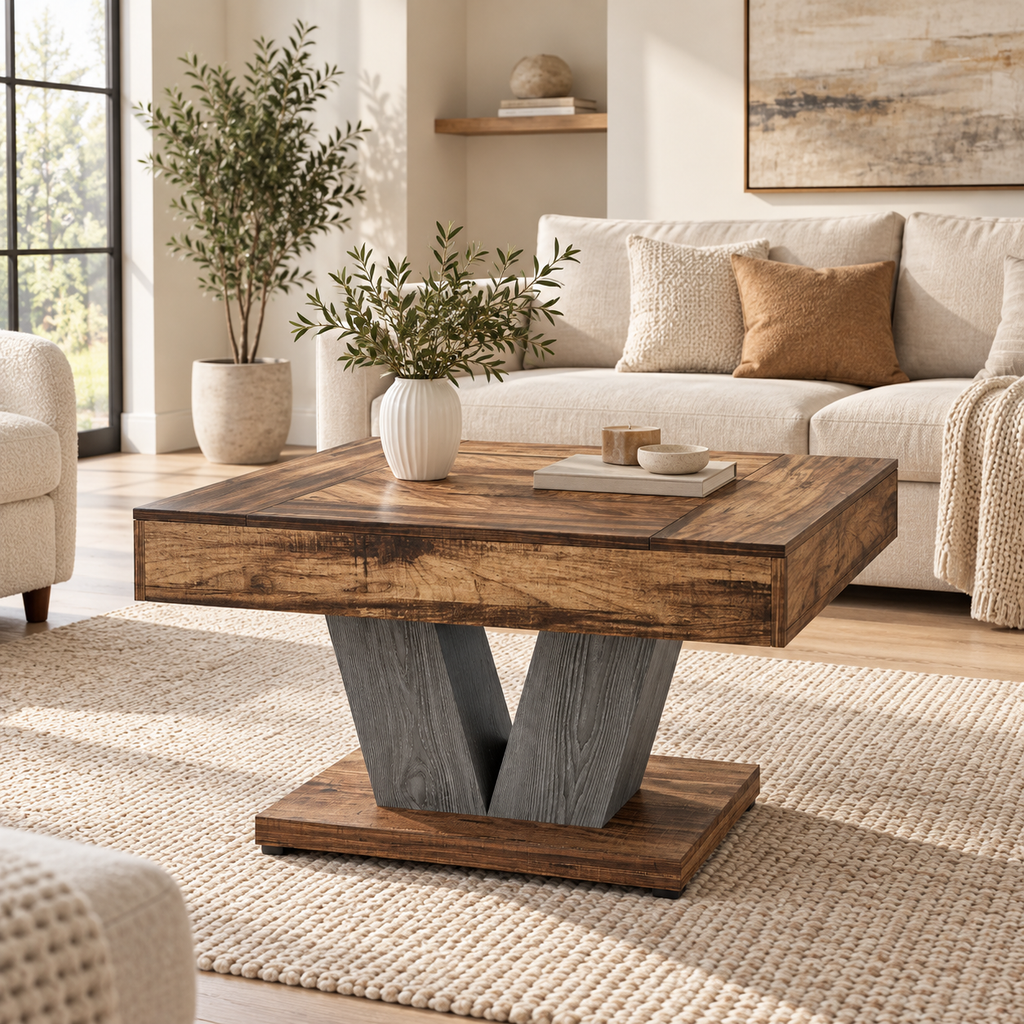 Table basse carrée Massif Look 80 cm — plateau effet bois brun rustique et piètement en V gris béton dans un salon contemporain lumineux