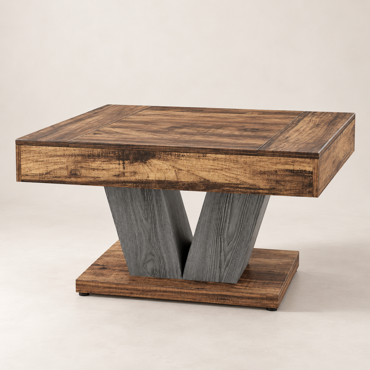 Table basse carrée Massif Look 80 cm — plateau effet bois brun rustique et piètement en V gris béton – vue trois-quarts sur fond blanc cassé