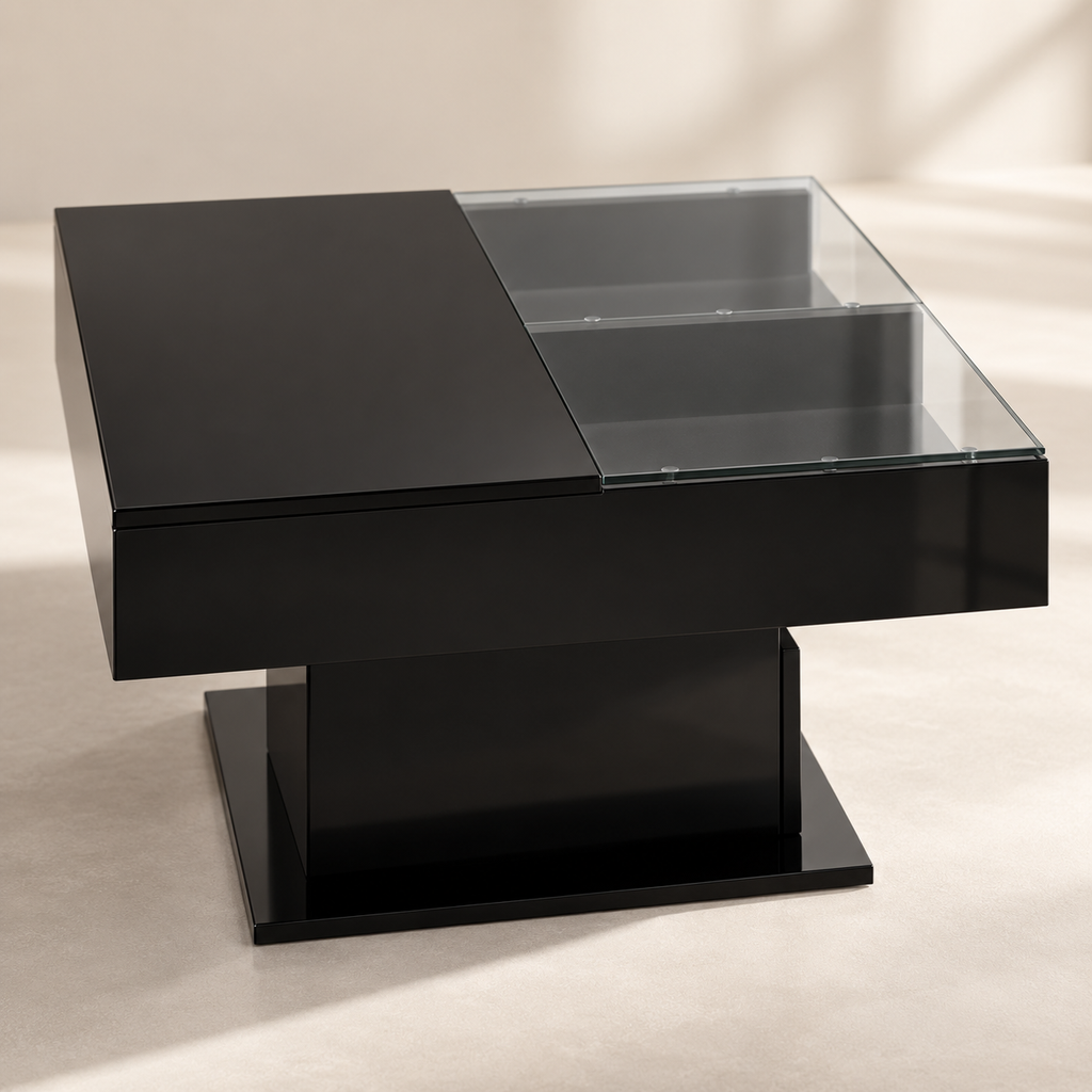 Détail du plateau noir brillant et verre de la table basse carrée 78 cm