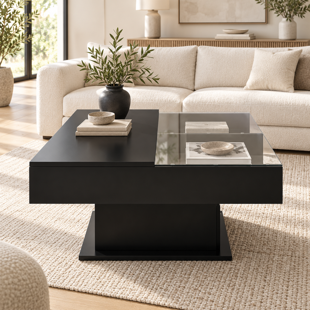Table basse carrée noir brillant et verre 78 cm dans un salon contemporain