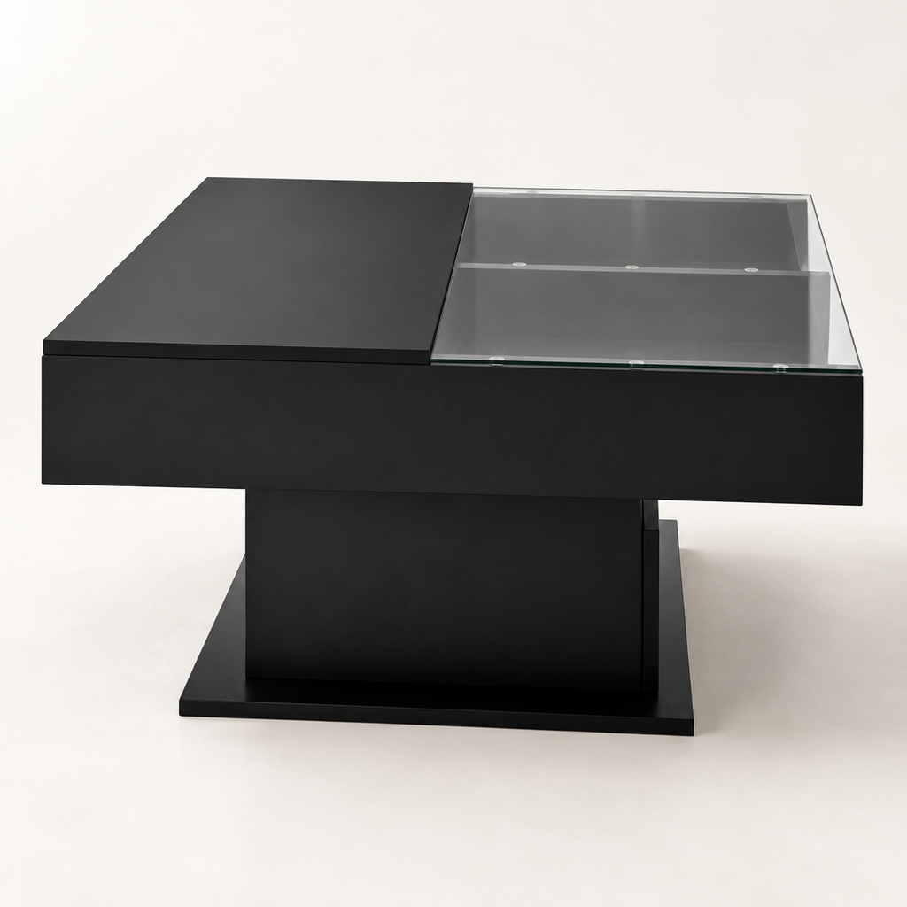 Table basse carrée noir brillant et verre 78 cm vue trois-quarts