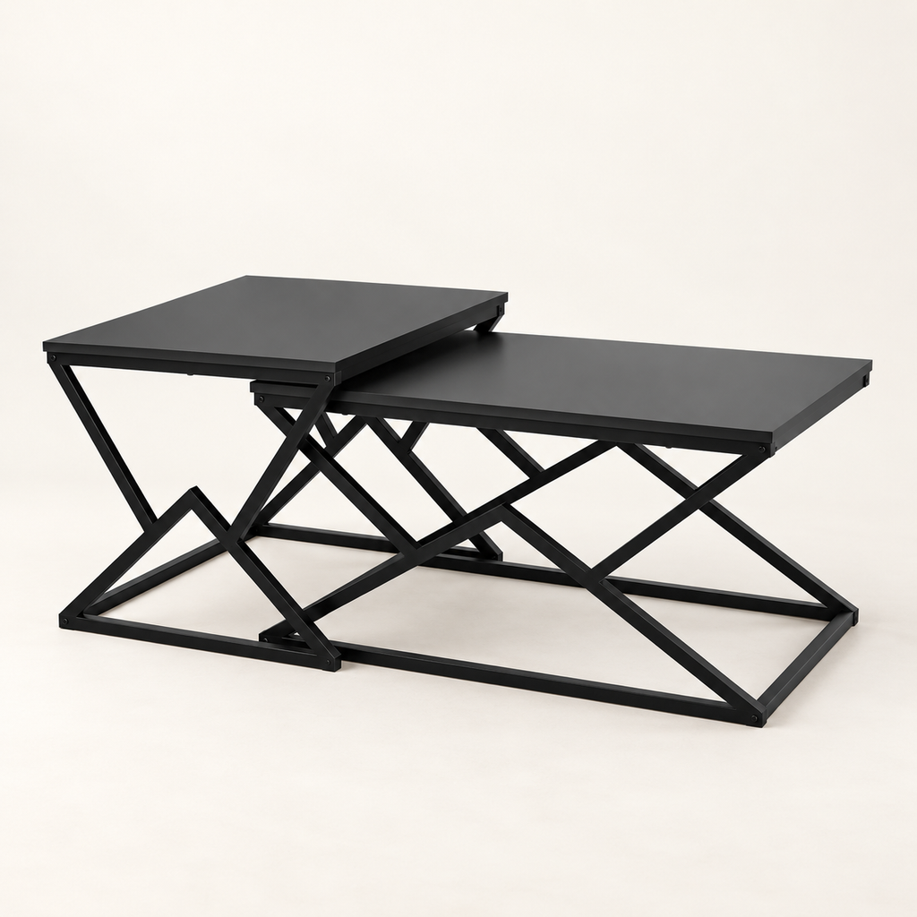 Table basse noire à deux plateaux relevables vue trois-quarts
