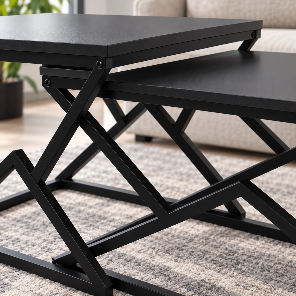 Table basse noire détail du mécanisme et de la structure métal géométrique