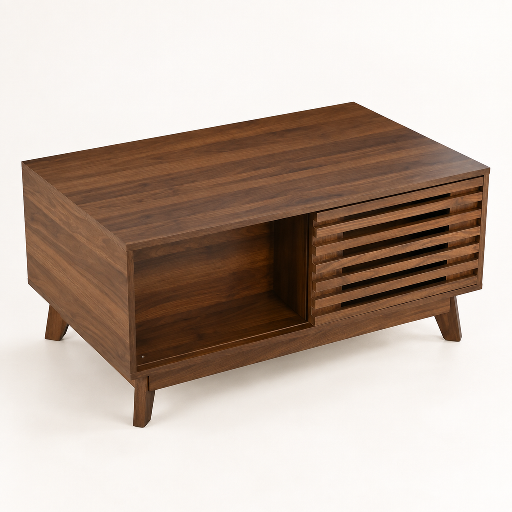 Table basse noyer 90 cm à porte lattée vue trois-quarts