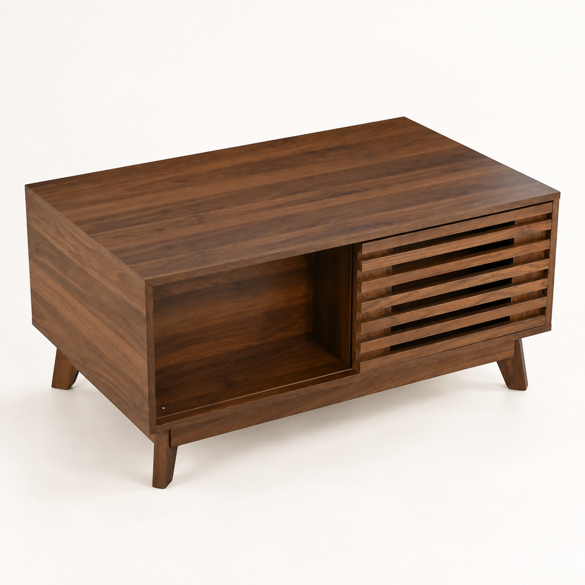 Table basse noyer 90 cm à porte lattée vue trois-quarts