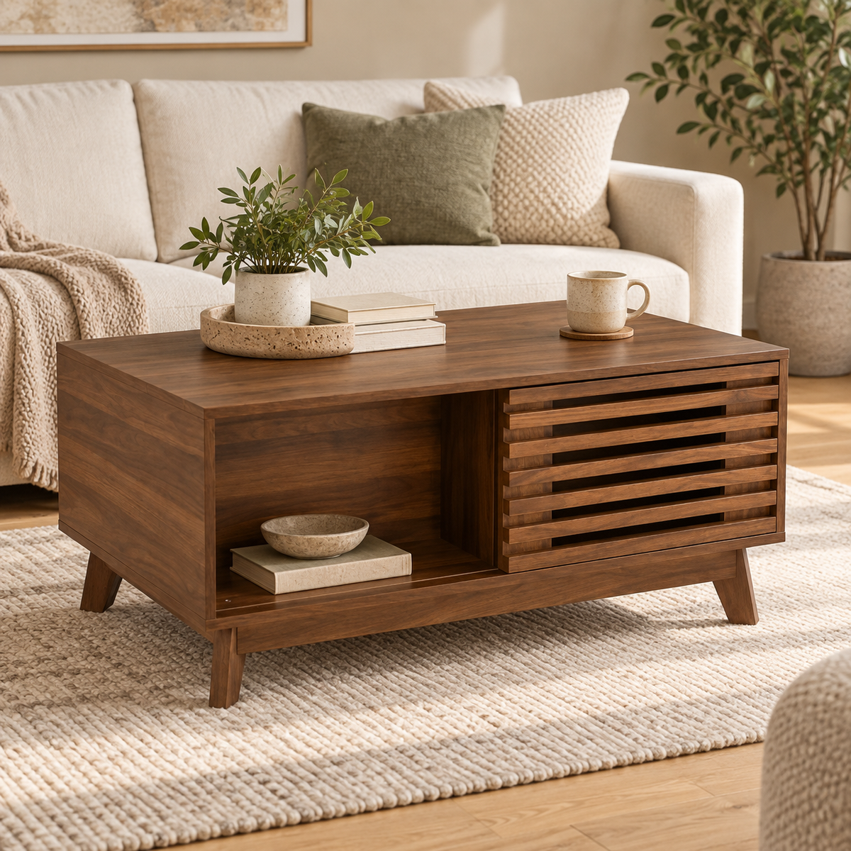 Table basse noyer à porte lattée dans un salon contemporain
