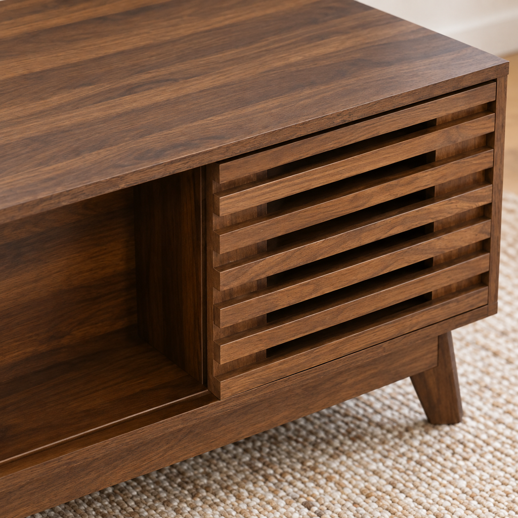 Table basse noyer détail de la porte coulissante lattée