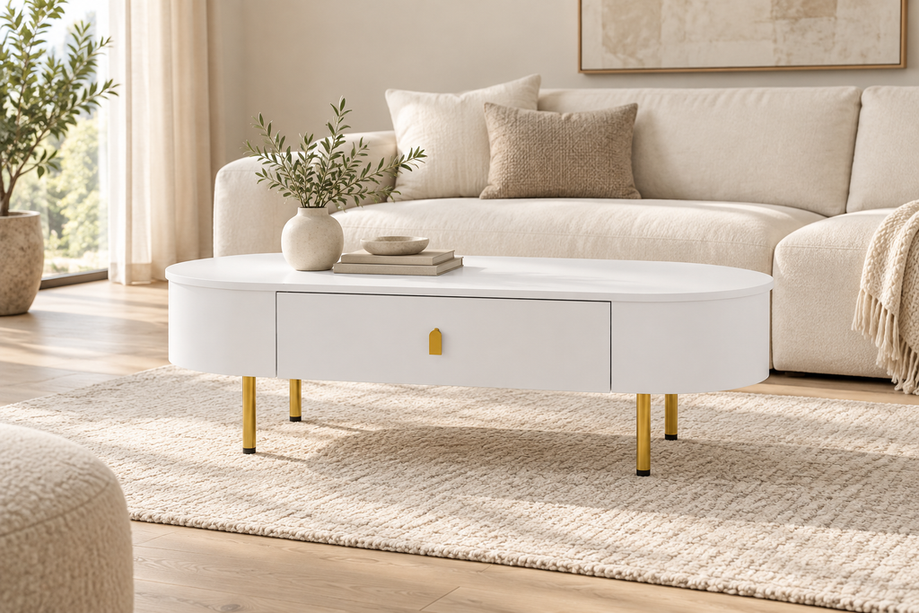 Table basse ovale blanche et dorée 108 cm dans un salon contemporain