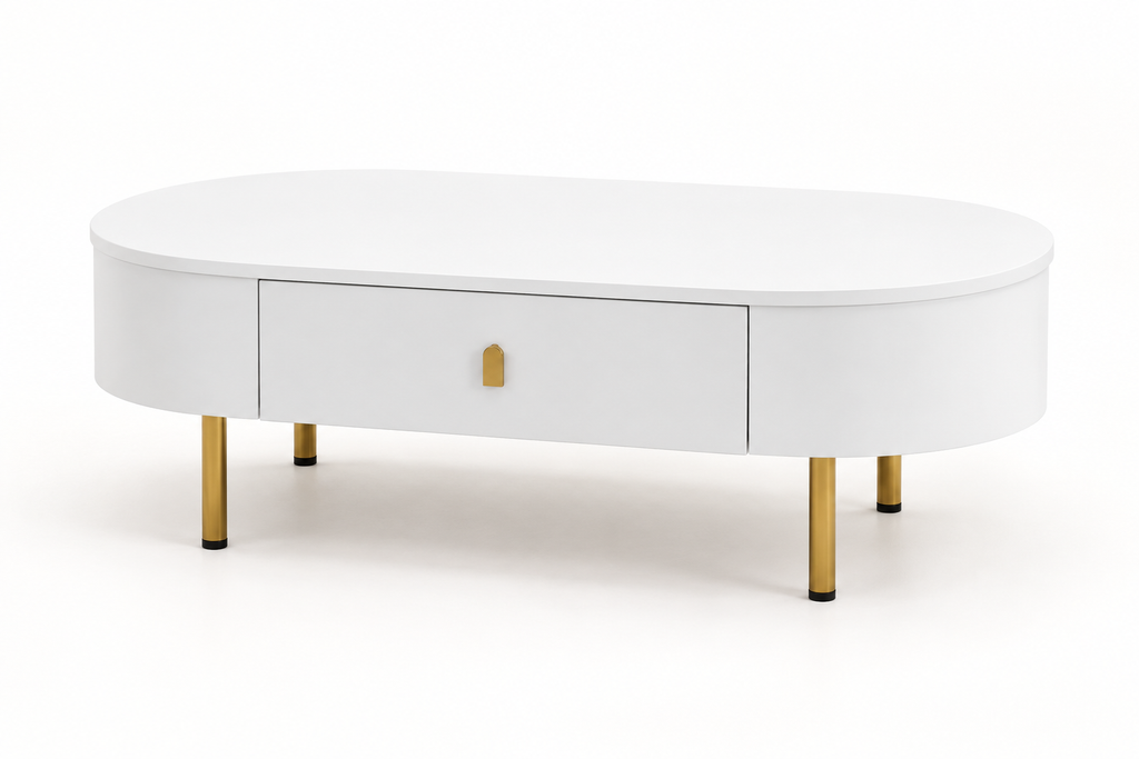 Table basse ovale blanche et dorée 108 cm vue trois-quarts
