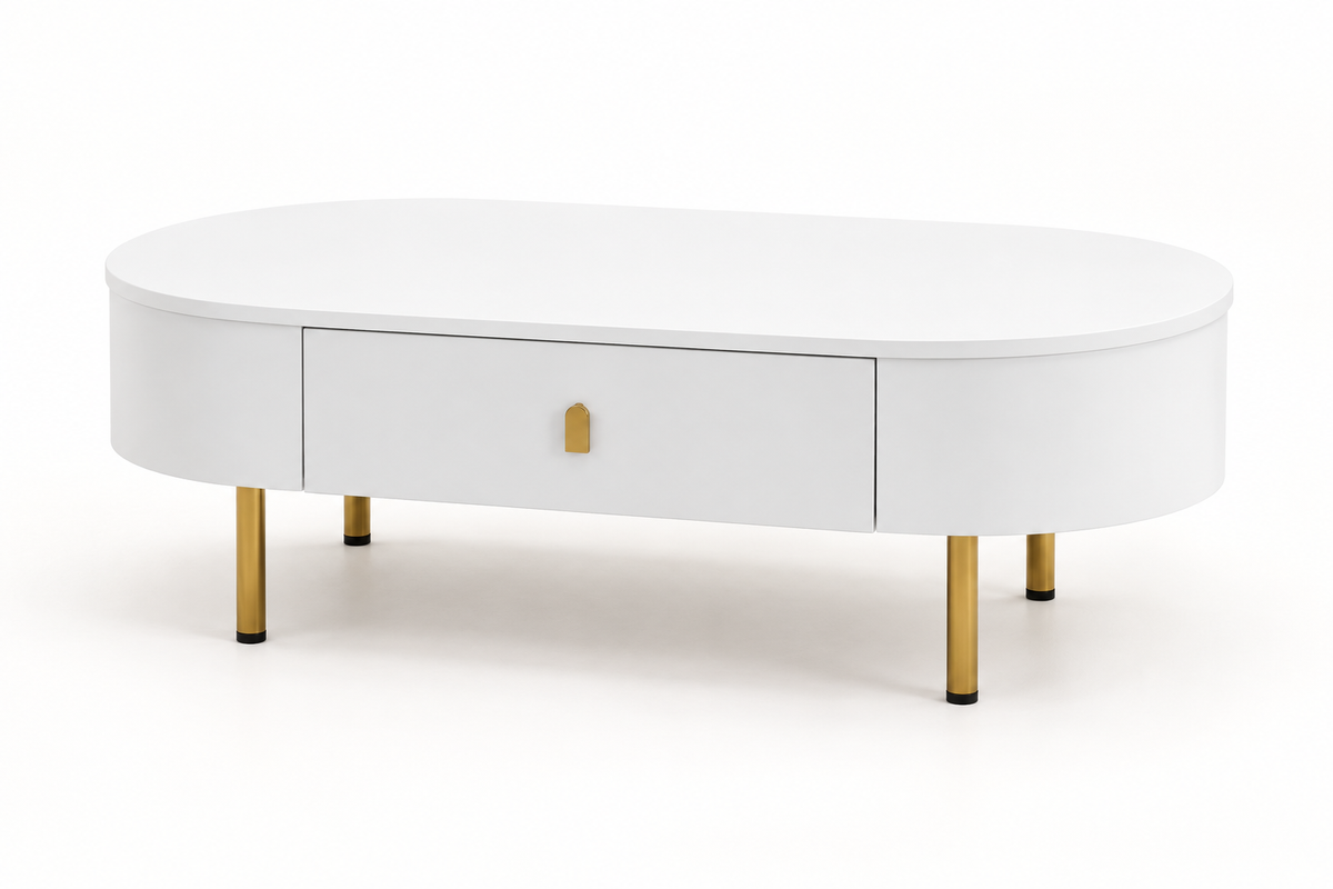 Table basse ovale blanche et dorée 108 cm vue trois-quarts