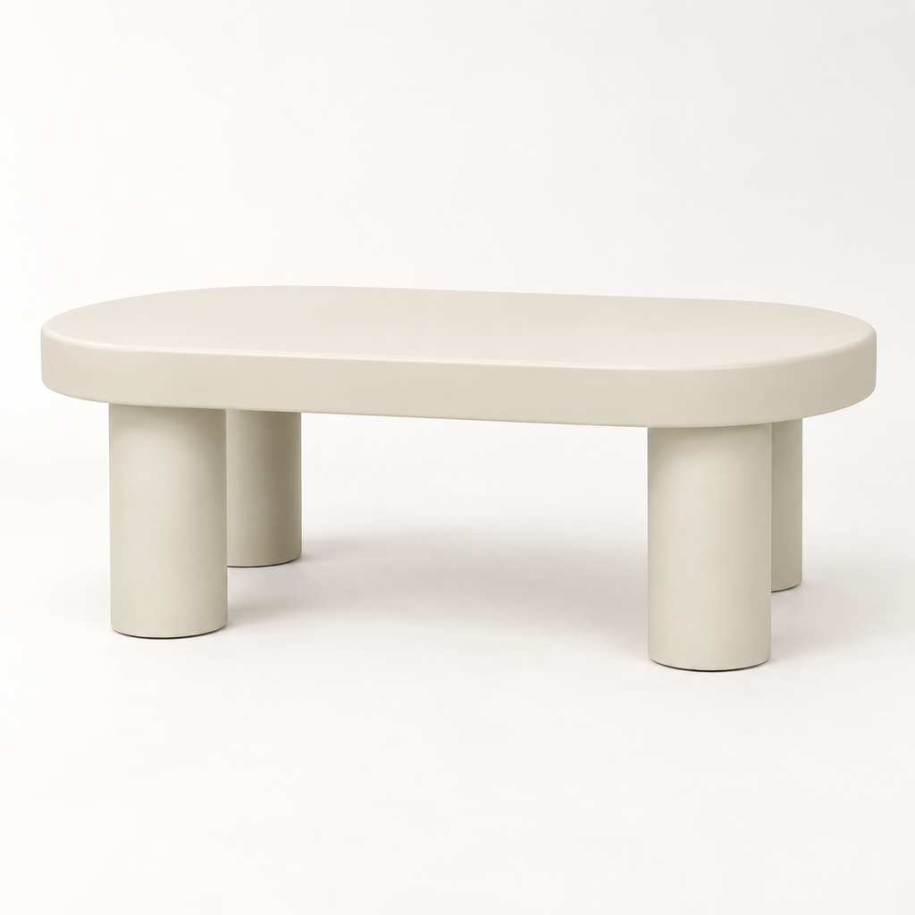 Table basse ovale crème 85 cm vue trois-quarts