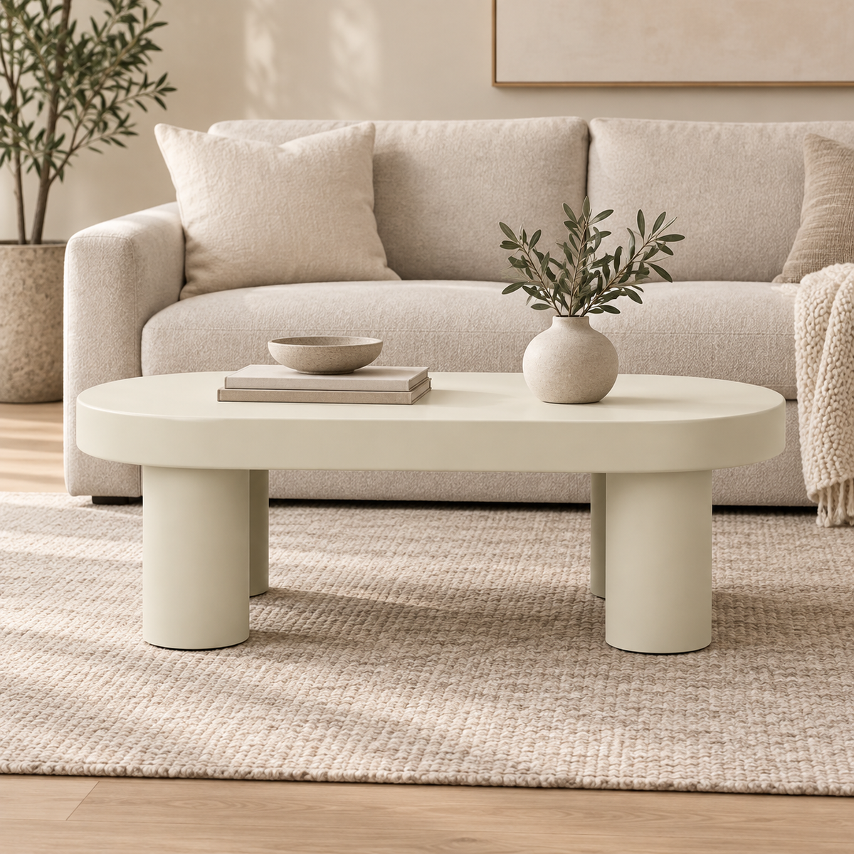 Table basse ovale crème 85 cm dans un salon contemporain