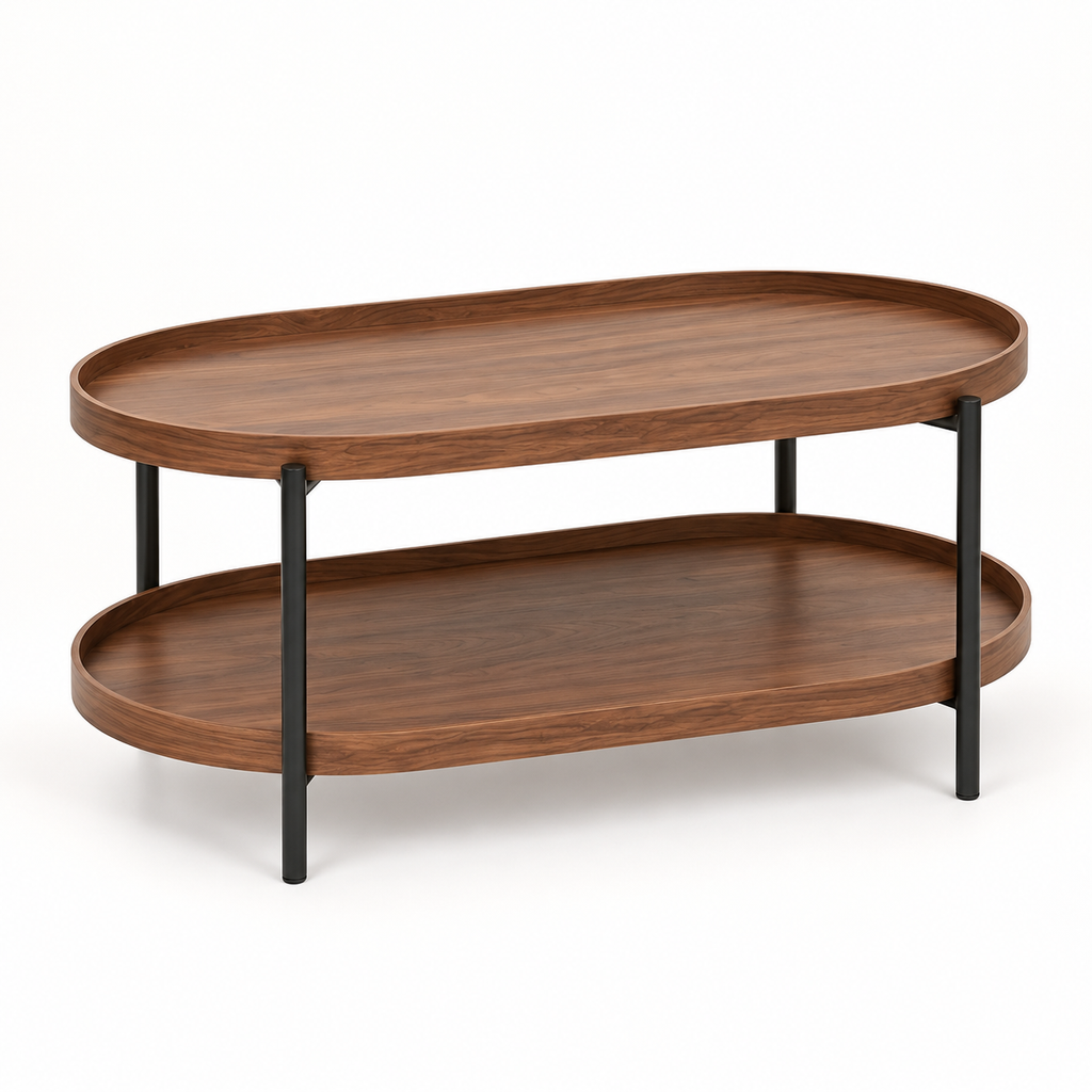 Table basse ovale noyer 90 cm à deux niveaux vue trois-quarts