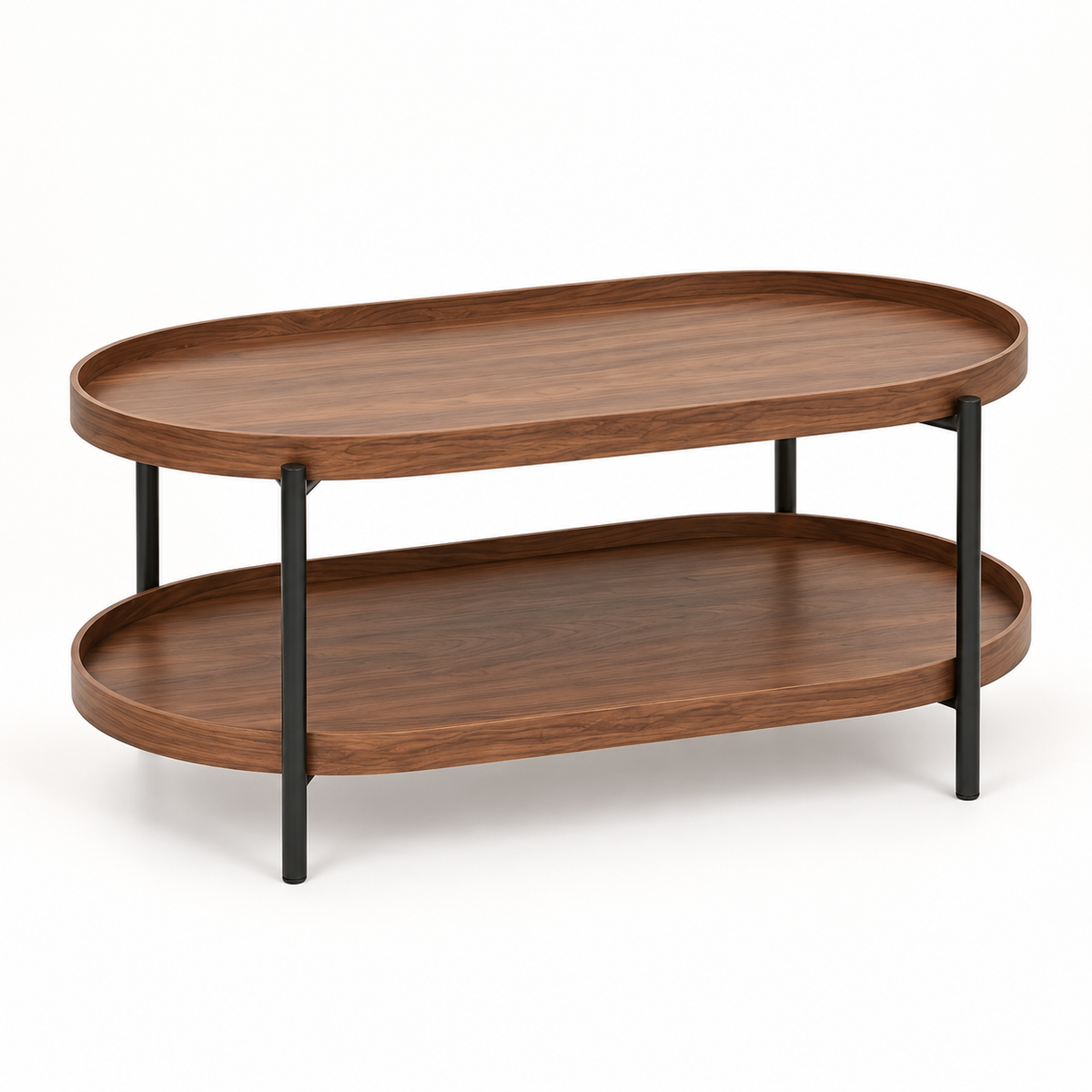 Table basse ovale noyer 90 cm à deux niveaux vue trois-quarts