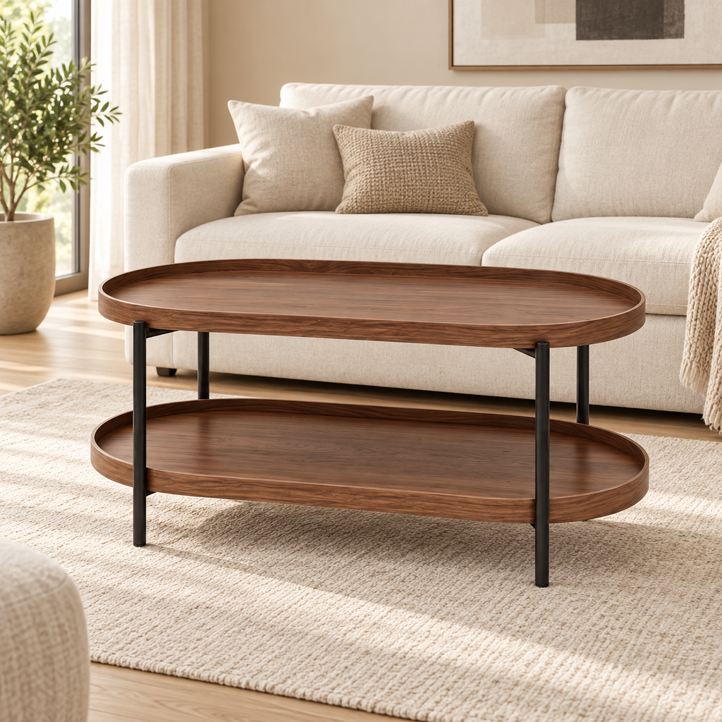 Table basse ovale noyer 90 cm dans un salon contemporain